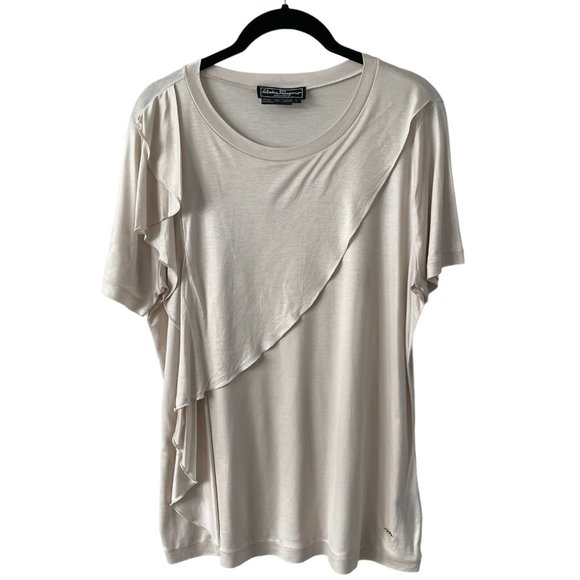 Salvatore Ferragamo Short Sleeve Ruffles Round Neck Casual Blouse Cream Large - Picture 1 of 7
